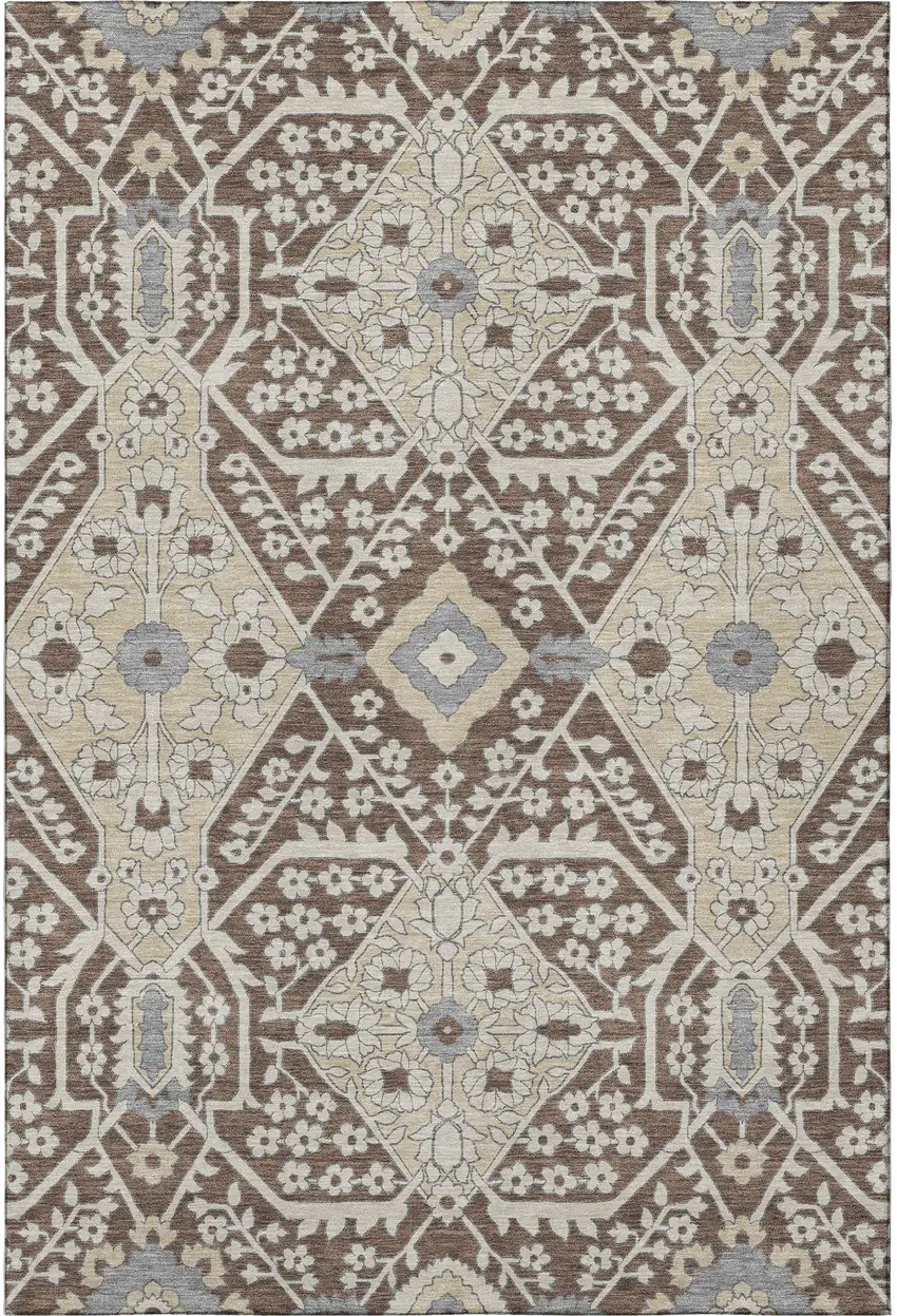 Chocolate Gray And Beige Floral Washable Area Rug With UV Protection Photo 5