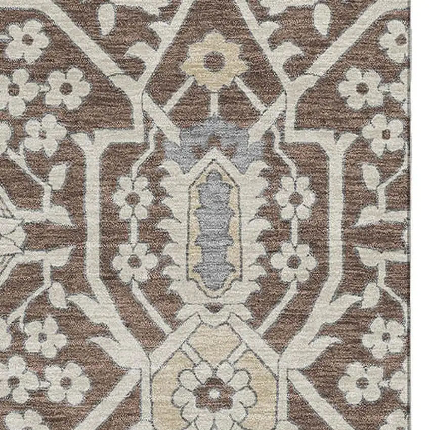 Chocolate Gray And Beige Floral Washable Area Rug With UV Protection Photo 4