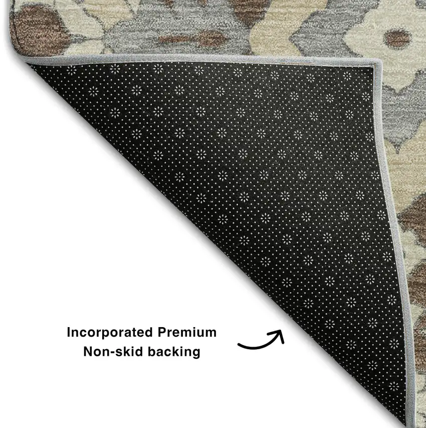 Chocolate Gray And Beige Floral Washable Area Rug With UV Protection Photo 8