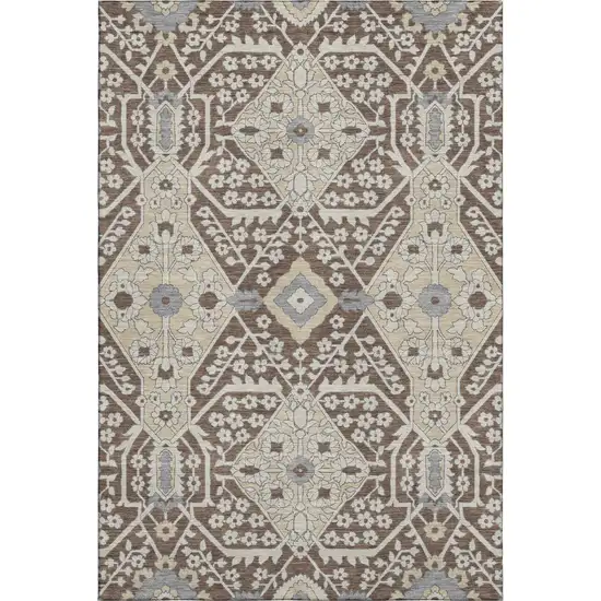 Chocolate Gray And Beige Floral Washable Area Rug With UV Protection Photo 2
