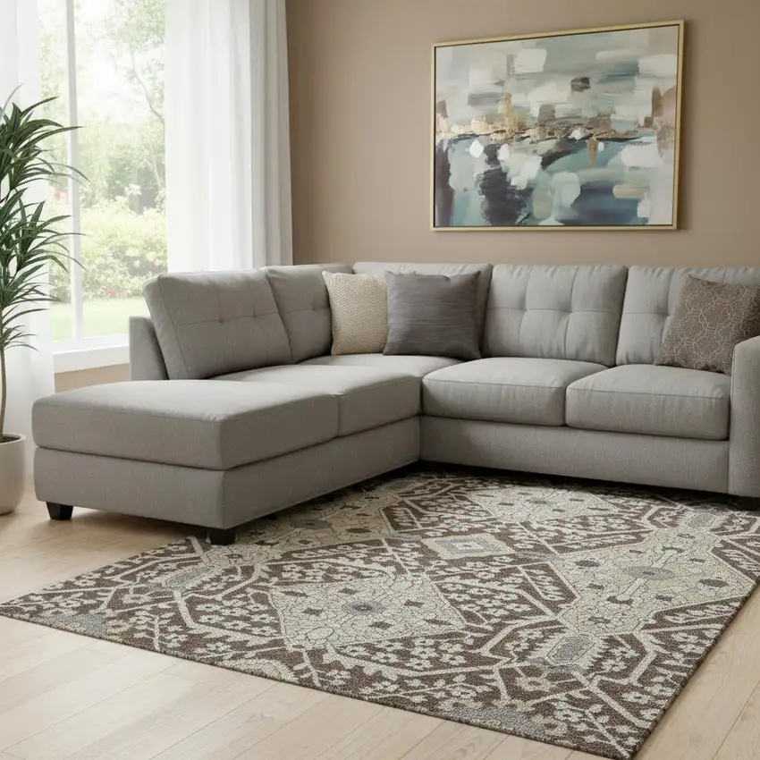 Chocolate Gray And Beige Floral Washable Area Rug With UV Protection Photo 1