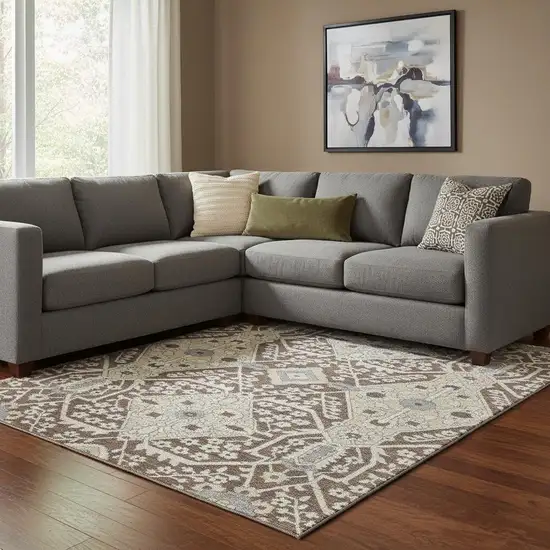 Chocolate Gray And Beige Floral Washable Area Rug With UV Protection Photo 1