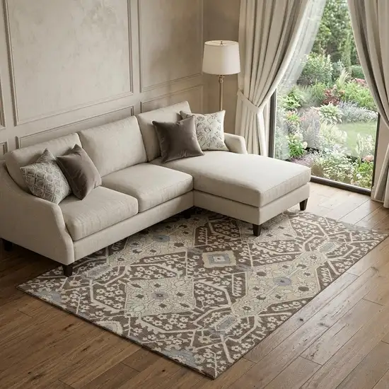 Chocolate Gray And Beige Floral Washable Area Rug With UV Protection Photo 1