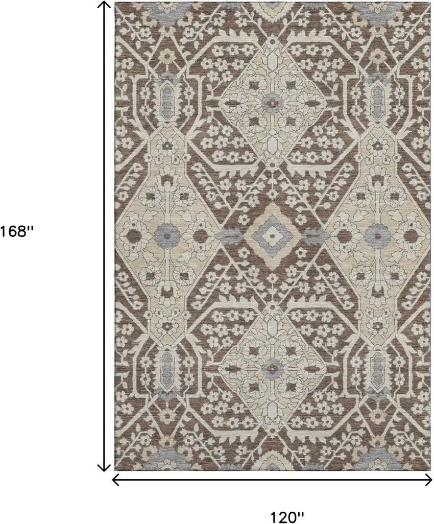 Chocolate Gray And Beige Floral Washable Area Rug With UV Protection Photo 3