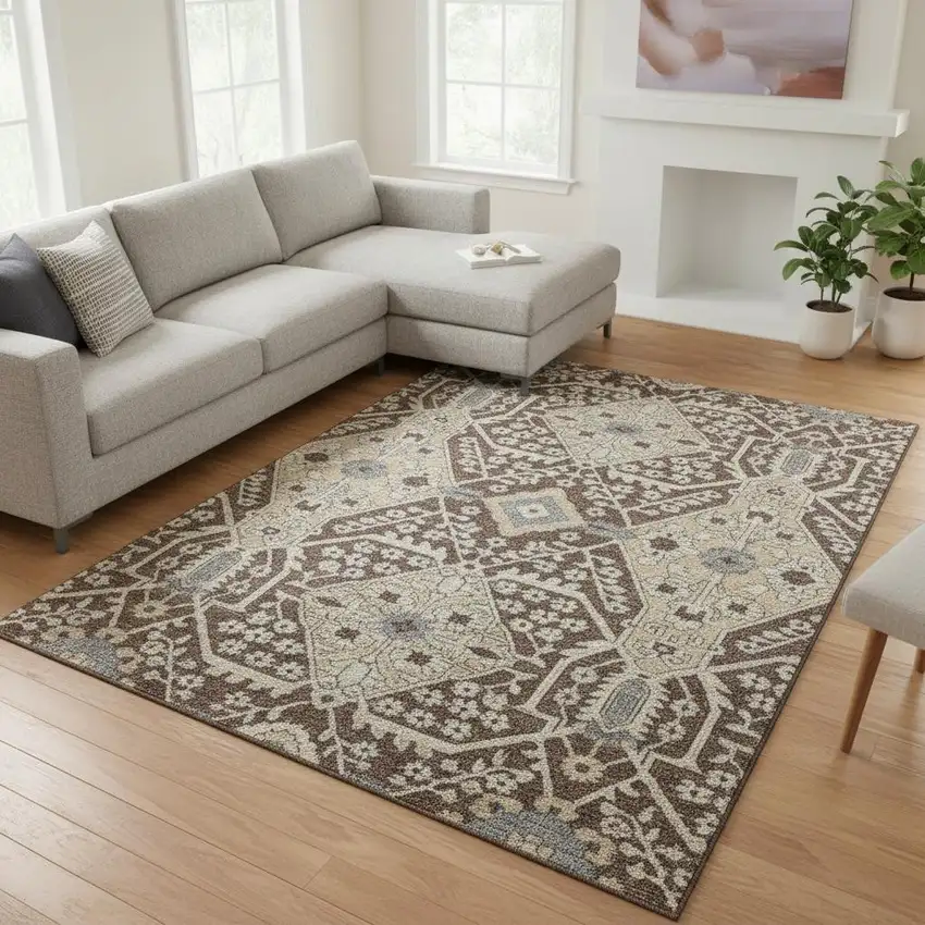 Chocolate Gray And Beige Floral Washable Area Rug With UV Protection Photo 1