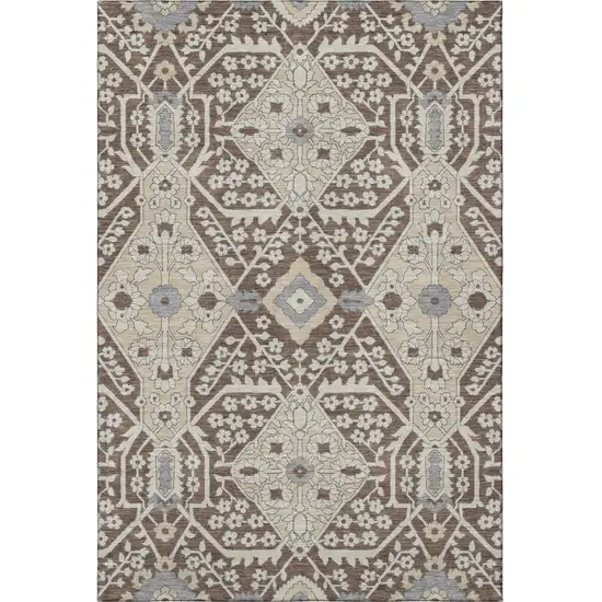 Chocolate Gray And Beige Floral Washable Area Rug With UV Protection Photo 5