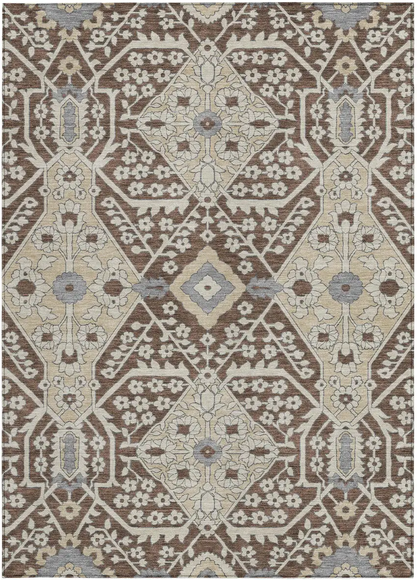Chocolate Gray And Beige Floral Washable Indoor Outdoor Area Rug Photo 8
