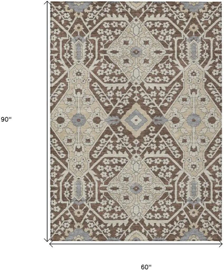 Chocolate Gray And Beige Floral Washable Indoor Outdoor Area Rug Photo 3