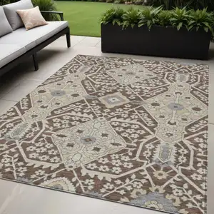 Photo of Chocolate Gray And Beige Floral Washable Indoor Outdoor Area Rug