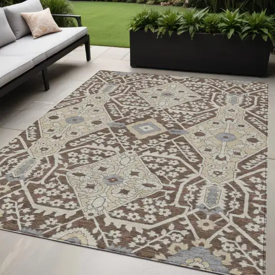 Chocolate Gray And Beige Floral Washable Indoor Outdoor Area Rug Photo 1