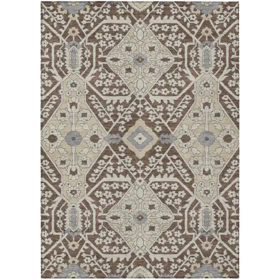 Chocolate Gray And Beige Floral Washable Indoor Outdoor Area Rug Photo 2