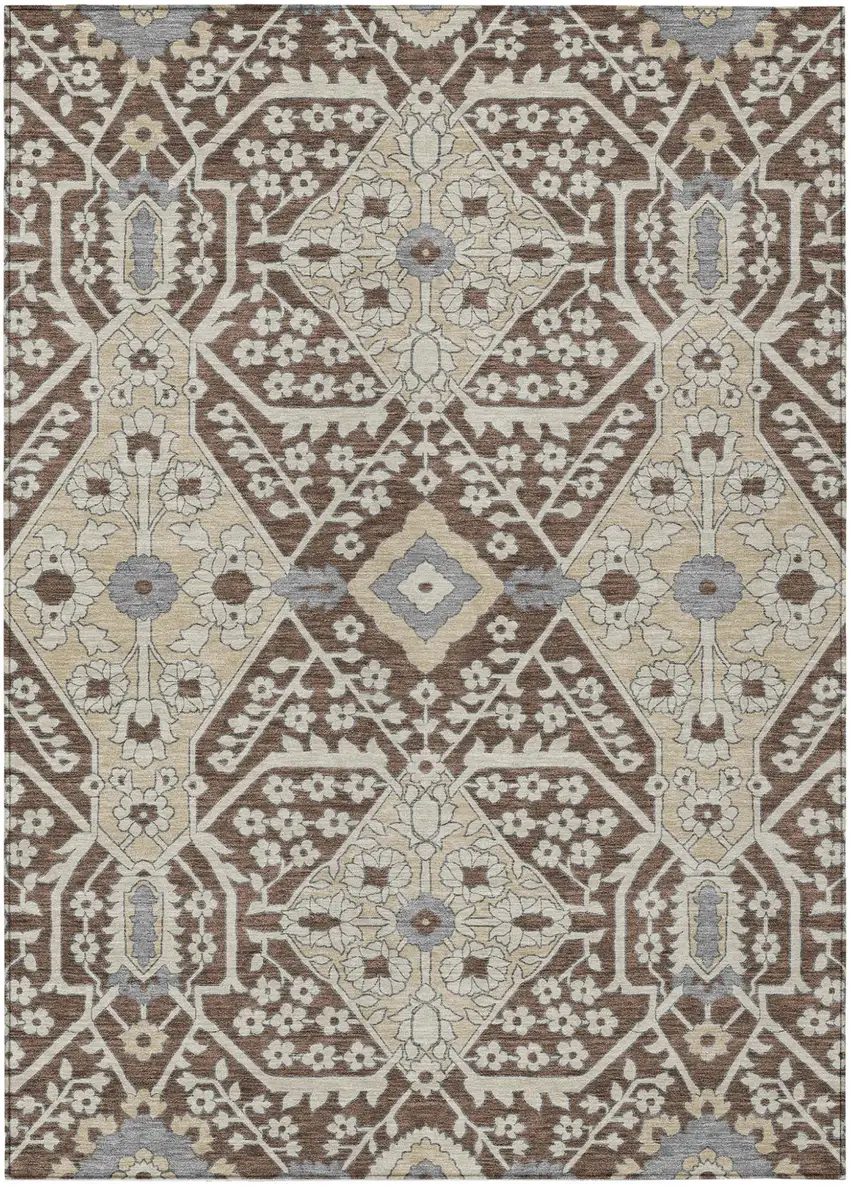Chocolate Gray And Beige Floral Washable Indoor Outdoor Area Rug Photo 2