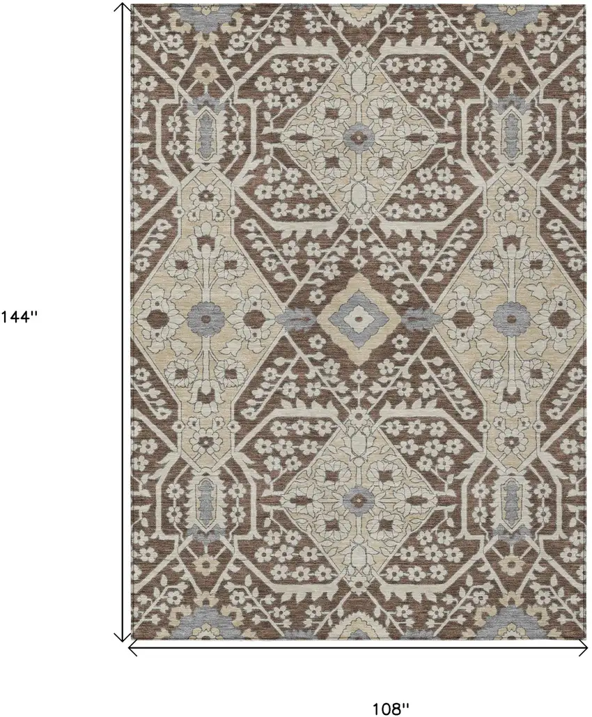 Chocolate Gray And Beige Floral Washable Indoor Outdoor Area Rug Photo 3