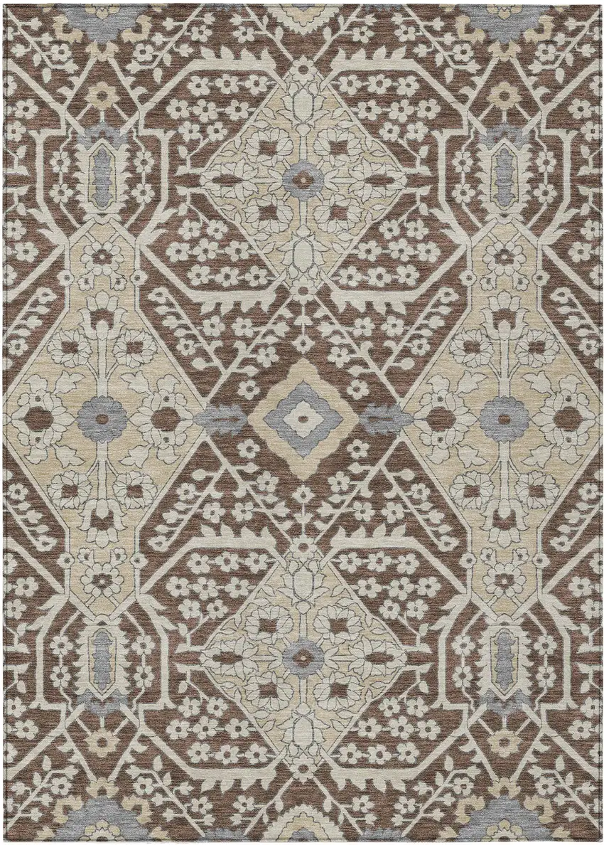 Chocolate Gray And Beige Floral Washable Indoor Outdoor Area Rug Photo 2