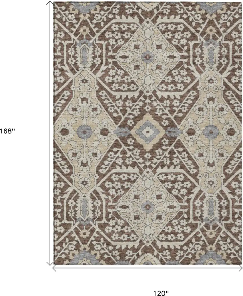 Chocolate Gray And Beige Floral Washable Indoor Outdoor Area Rug Photo 3