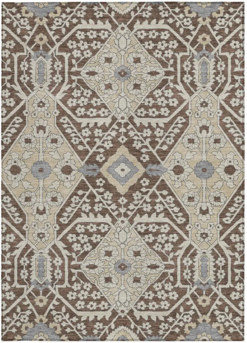 Chocolate Gray And Beige Floral Washable Indoor Outdoor Area Rug Photo 8