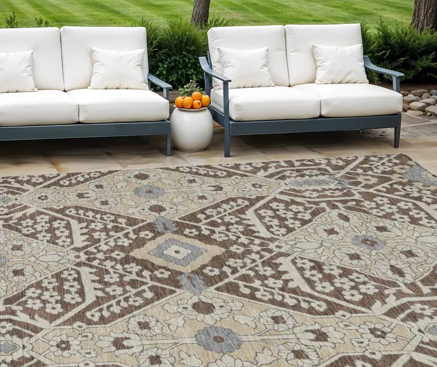 Chocolate Gray And Beige Floral Washable Indoor Outdoor Area Rug Photo 1