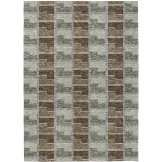 Chocolate Gray And Beige Geometric Washable Indoor Outdoor Area Rug Photo 1