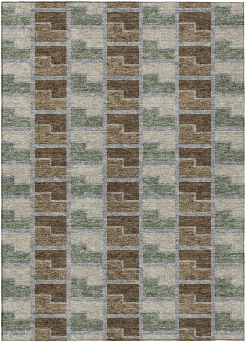 Chocolate Gray And Beige Geometric Washable Indoor Outdoor Area Rug Photo 1