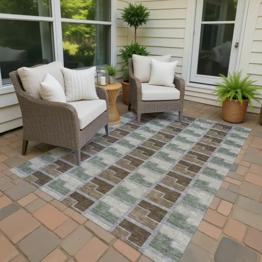 Chocolate Gray And Beige Geometric Washable Indoor Outdoor Area Rug Photo 4