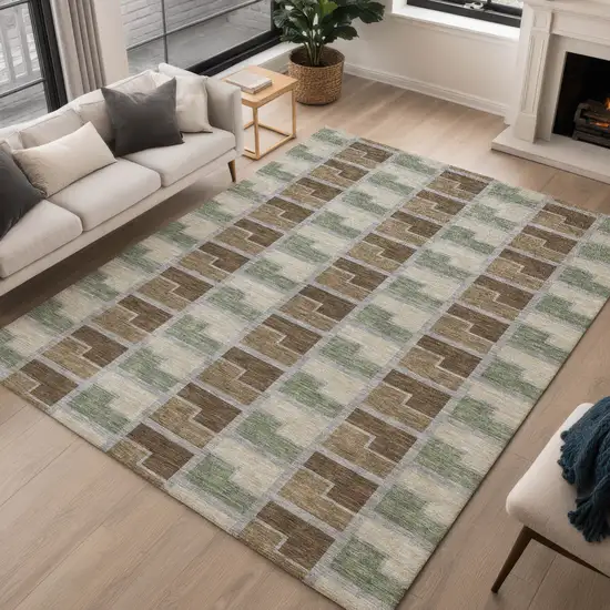 Chocolate Gray And Beige Geometric Washable Indoor Outdoor Area Rug Photo 5