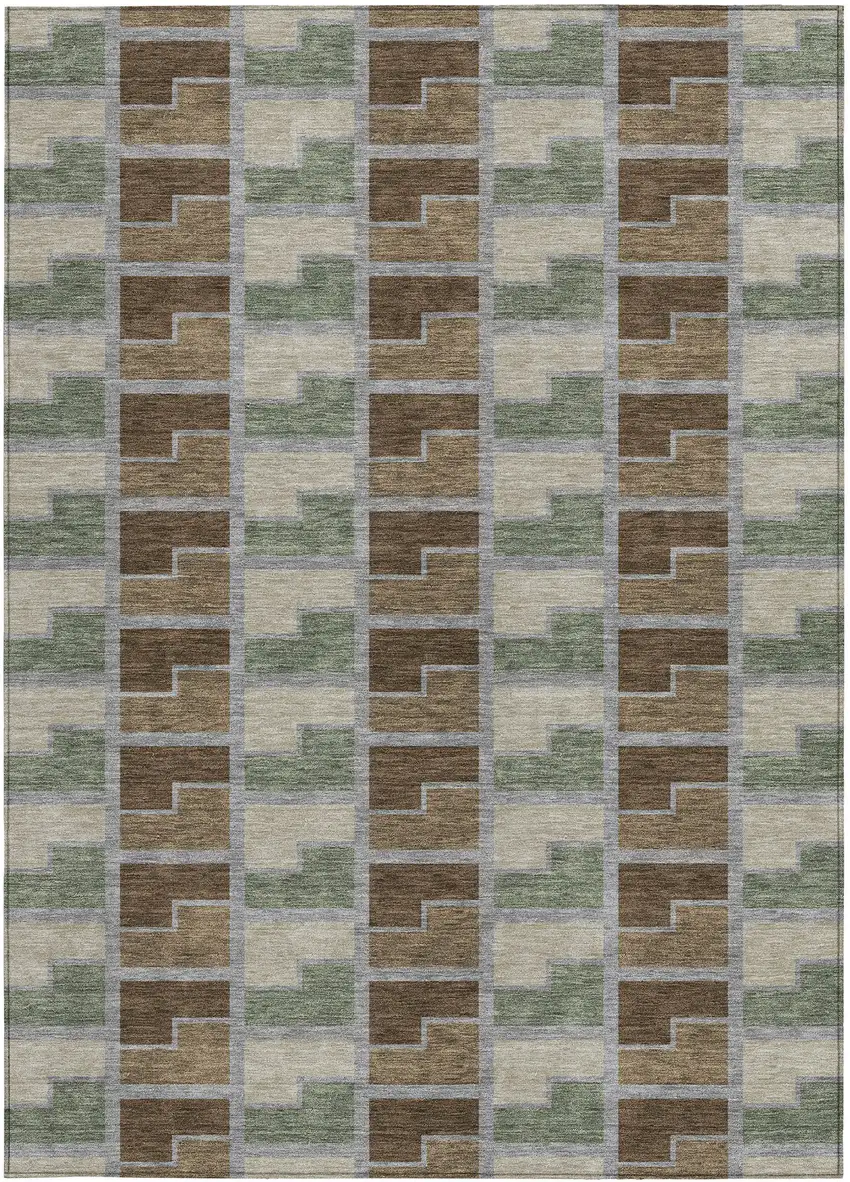 Chocolate Gray And Beige Geometric Washable Indoor Outdoor Area Rug Photo 3