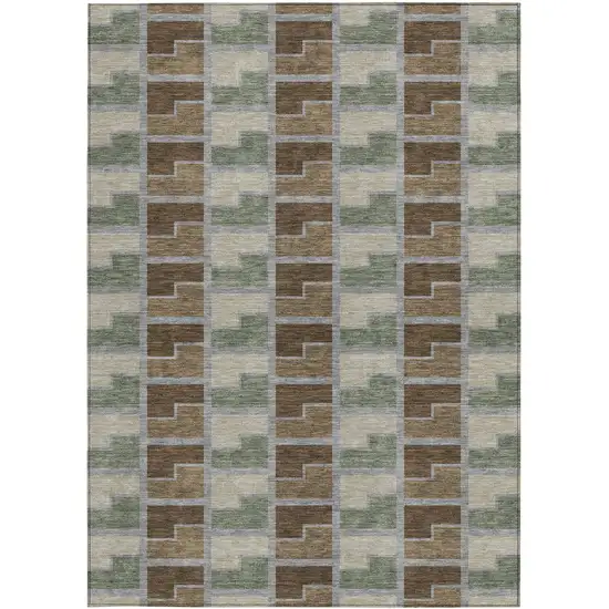 Chocolate Gray And Beige Geometric Washable Indoor Outdoor Area Rug Photo 3