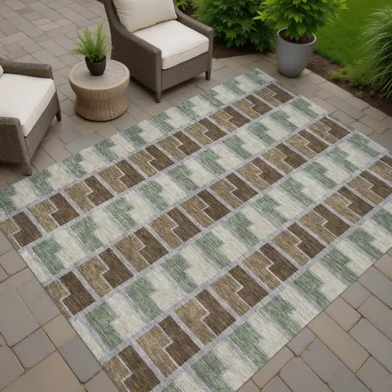 Chocolate Gray And Beige Geometric Washable Indoor Outdoor Area Rug Photo 7
