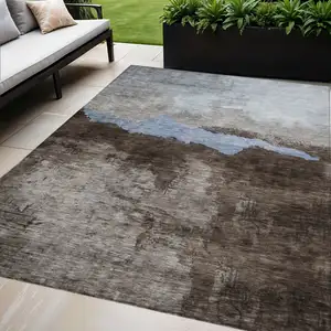 Photo of Chocolate Gray And Blue Abstract Washable Indoor Outdoor Area Rug
