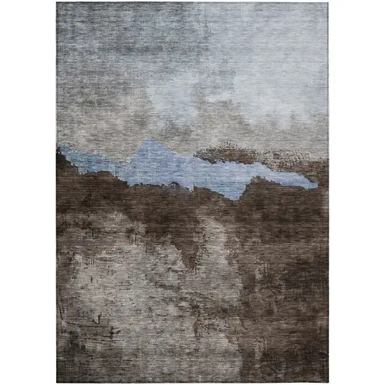 Chocolate Gray And Blue Abstract Washable Indoor Outdoor Area Rug Photo 3