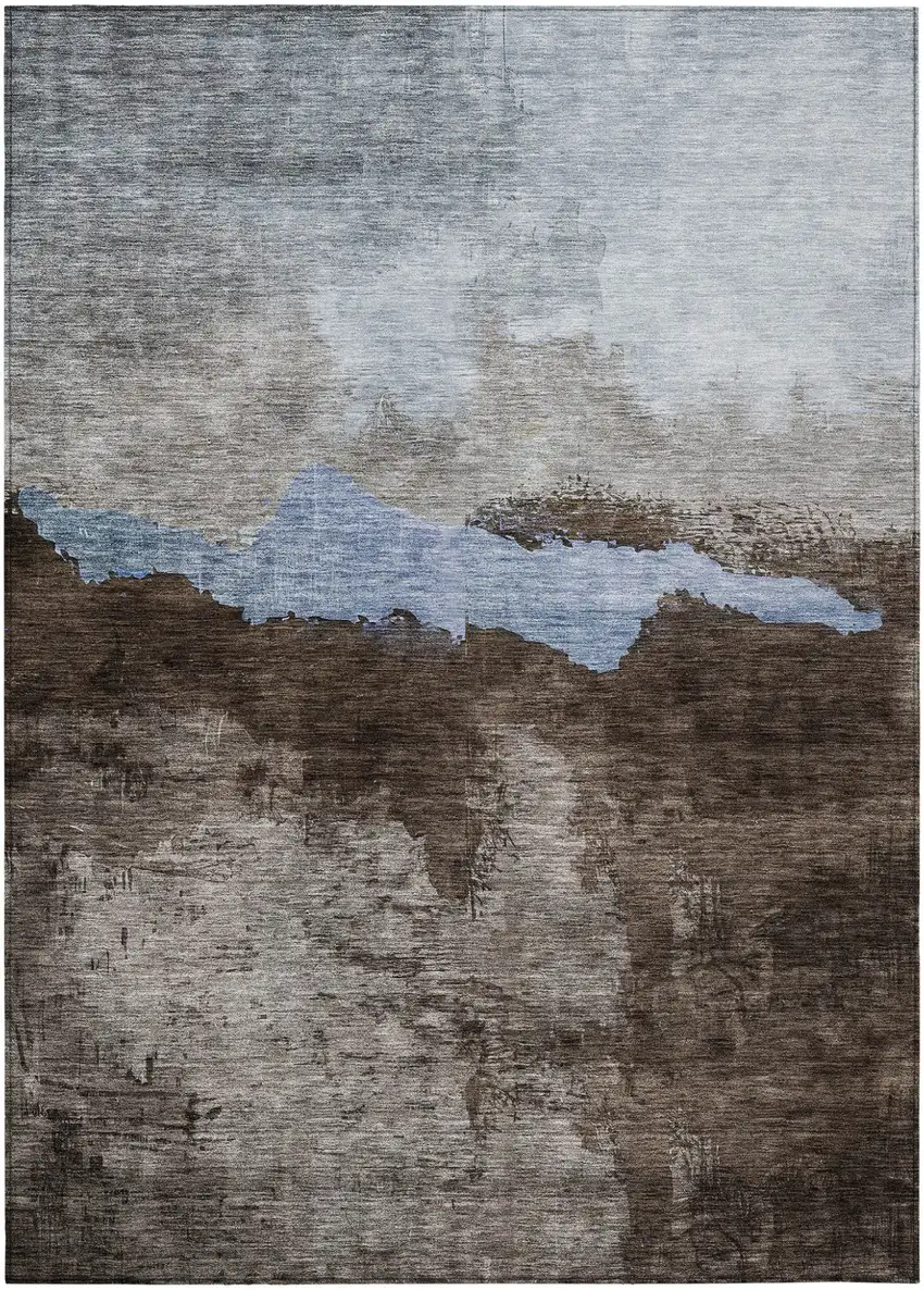 Chocolate Gray And Blue Abstract Washable Indoor Outdoor Area Rug Photo 3