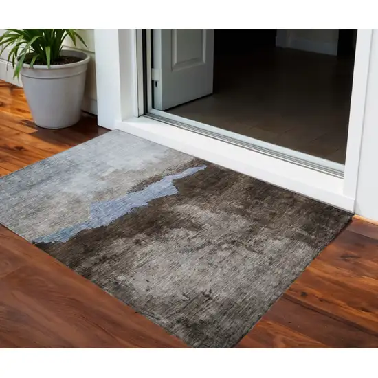 Chocolate Gray And Blue Abstract Washable Indoor Outdoor Area Rug Photo 2