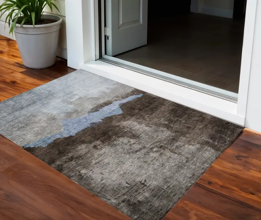 Chocolate Gray And Blue Abstract Washable Indoor Outdoor Area Rug Photo 2