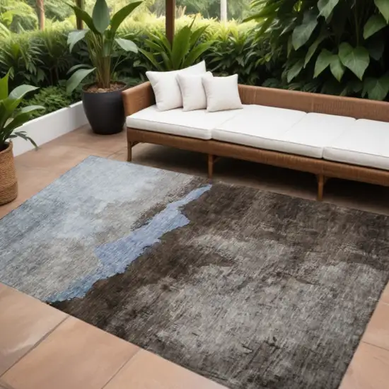 Chocolate Gray And Blue Abstract Washable Indoor Outdoor Area Rug Photo 1