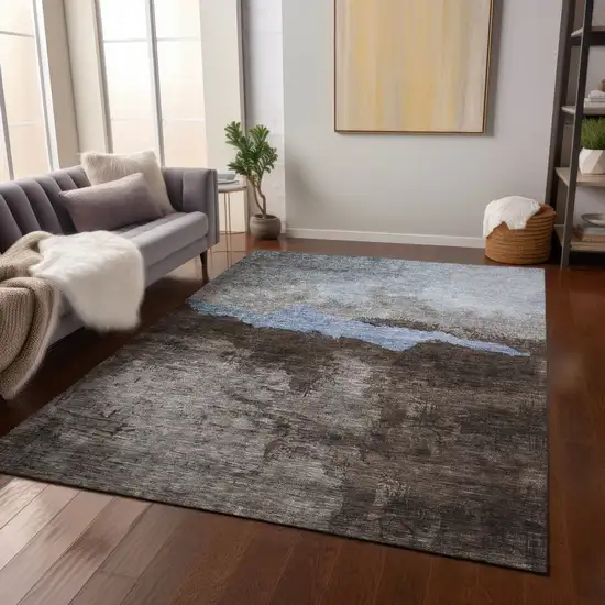 Chocolate Gray And Blue Abstract Washable Indoor Outdoor Area Rug Photo 9