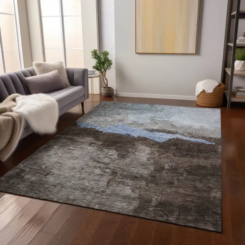 Chocolate Gray And Blue Abstract Washable Indoor Outdoor Area Rug Photo 9