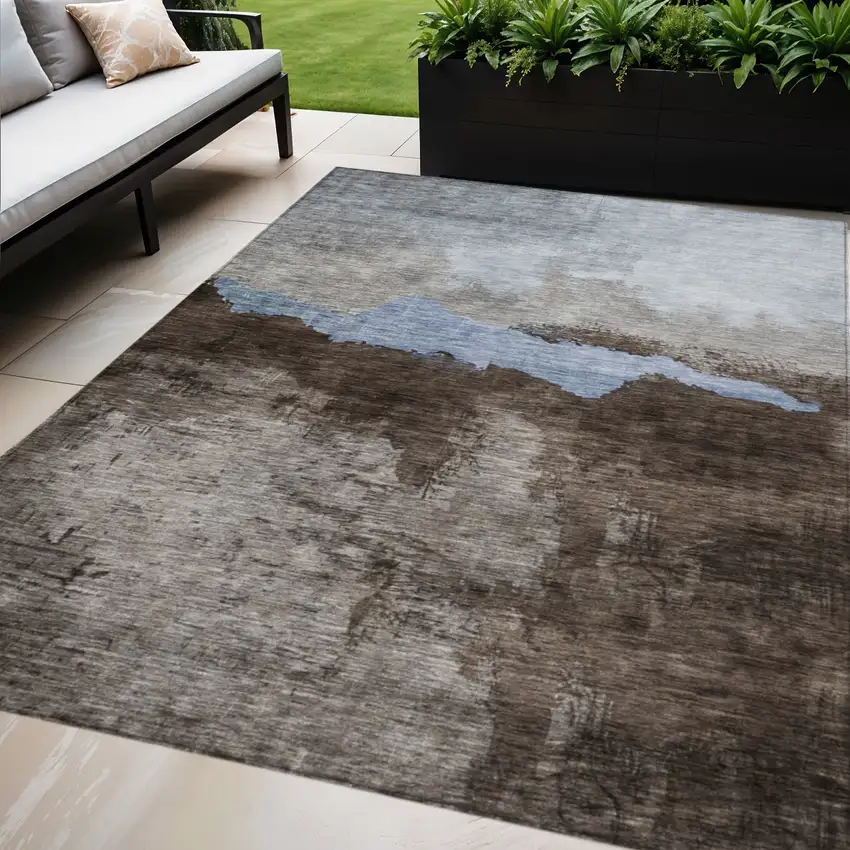 Chocolate Gray And Blue Abstract Washable Indoor Outdoor Area Rug Photo 1