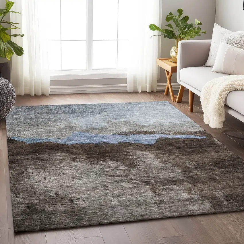 Chocolate Gray And Blue Abstract Washable Indoor Outdoor Area Rug Photo 8