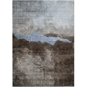 Photo of Chocolate Gray And Blue Abstract Washable Indoor Outdoor Area Rug