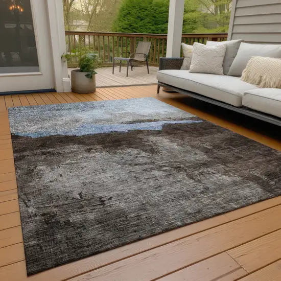 Chocolate Gray And Blue Abstract Washable Indoor Outdoor Area Rug Photo 9