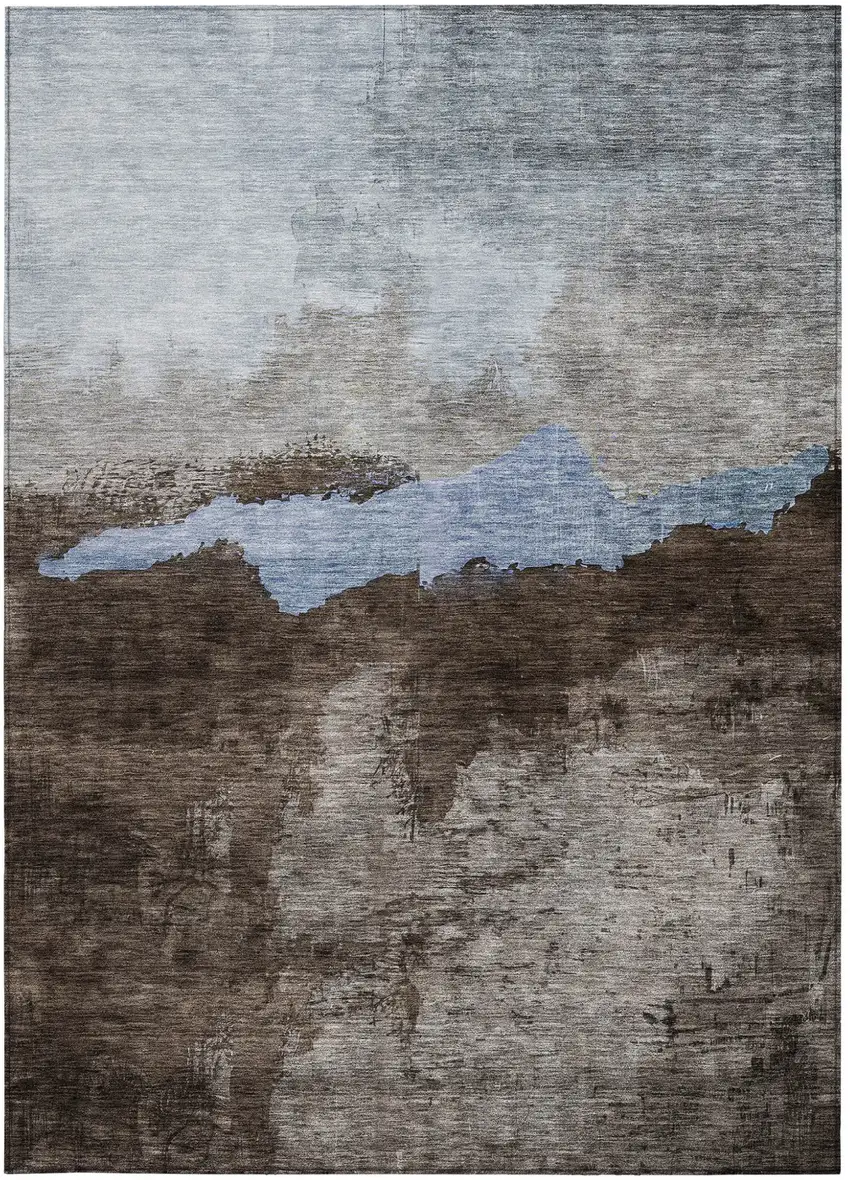 Chocolate Gray And Blue Abstract Washable Indoor Outdoor Area Rug Photo 5