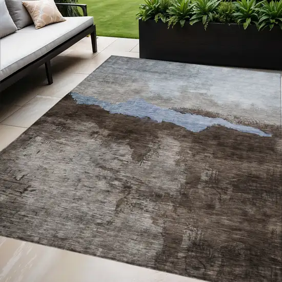 Chocolate Gray And Blue Abstract Washable Indoor Outdoor Area Rug Photo 1