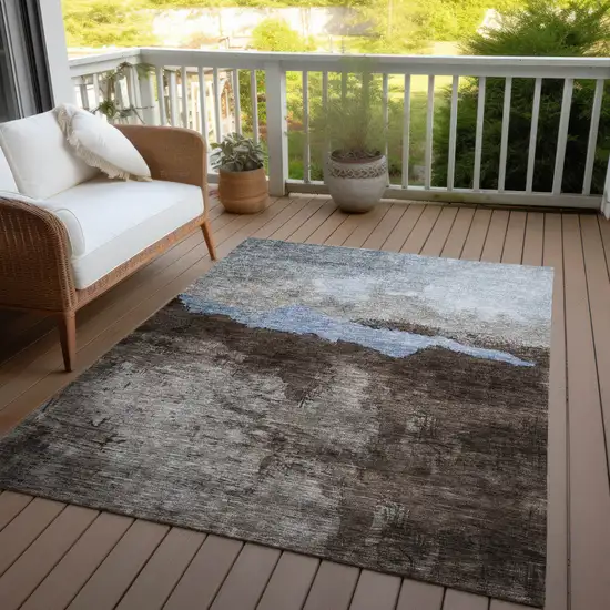 Chocolate Gray And Blue Abstract Washable Indoor Outdoor Area Rug Photo 6
