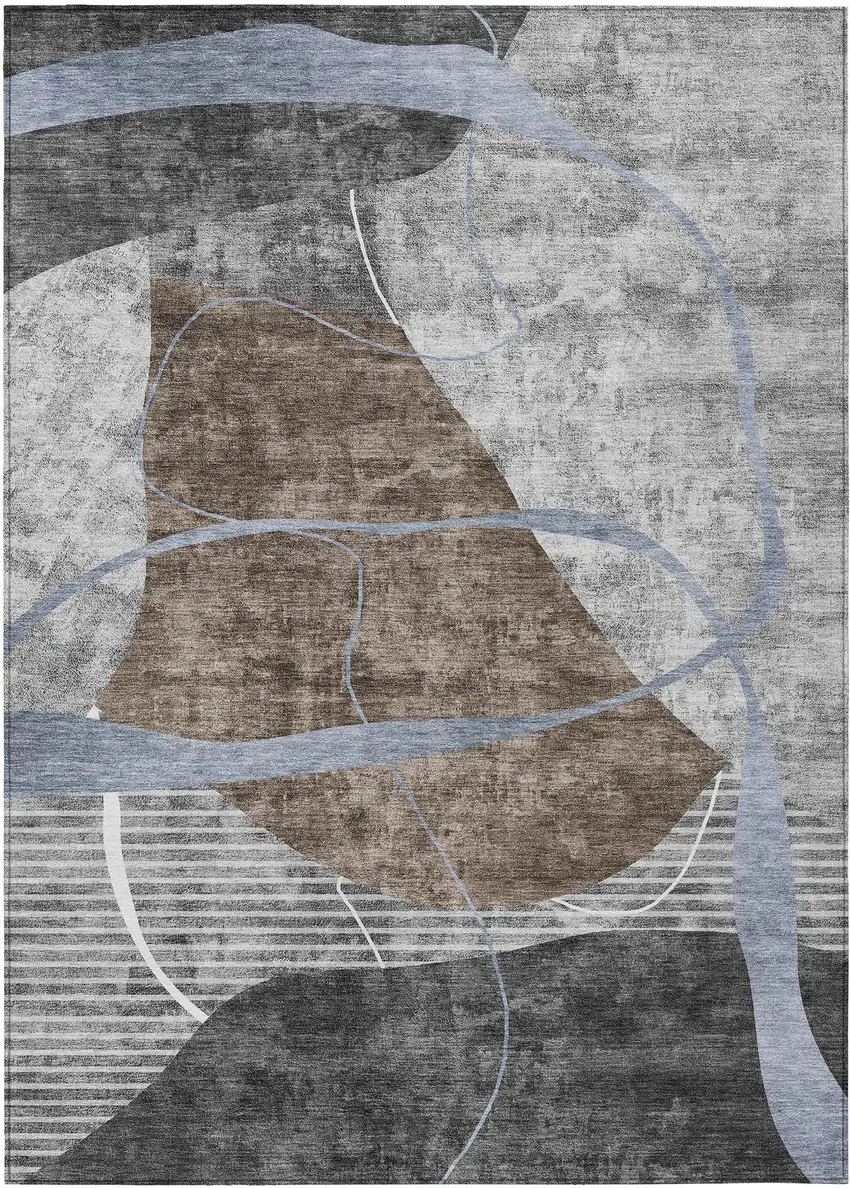 Chocolate Gray And Charcoal Abstract Washable Indoor Outdoor Area Rug Photo 2