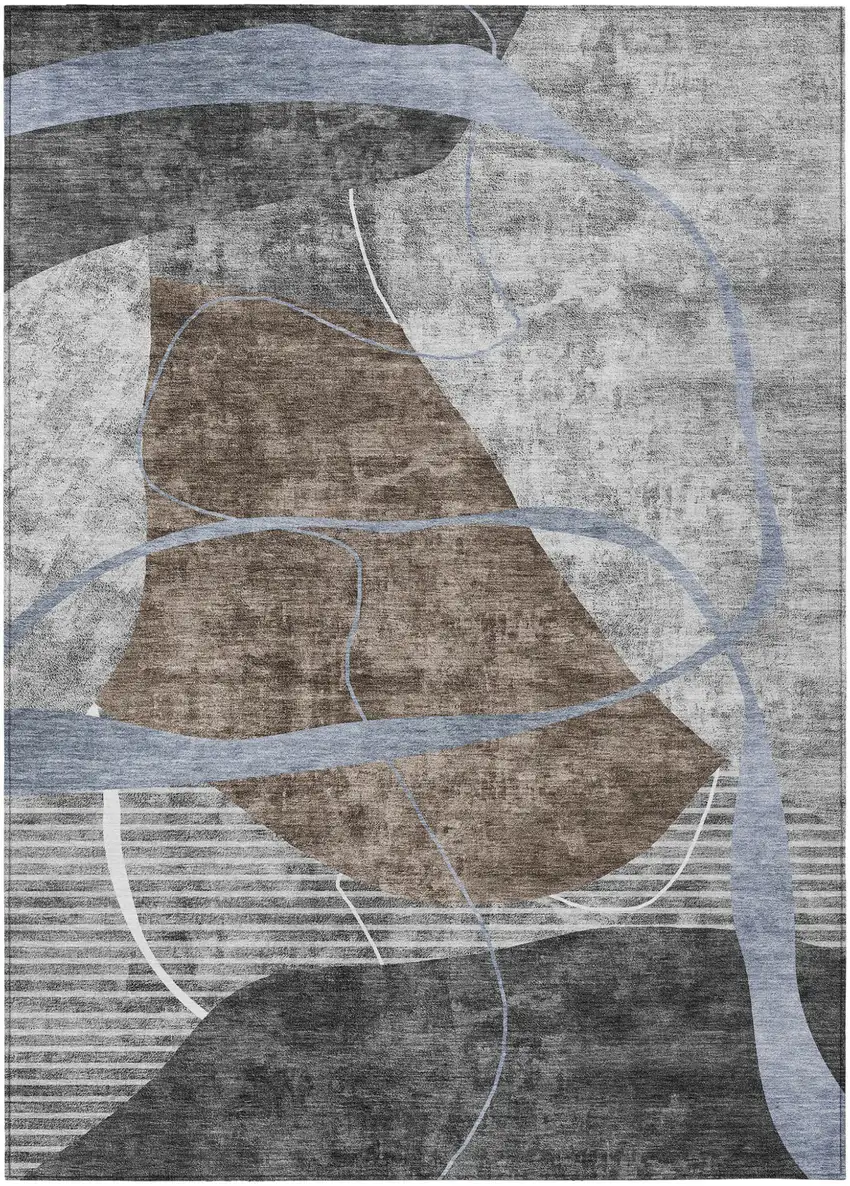 Chocolate Gray And Charcoal Abstract Washable Indoor Outdoor Area Rug Photo 2
