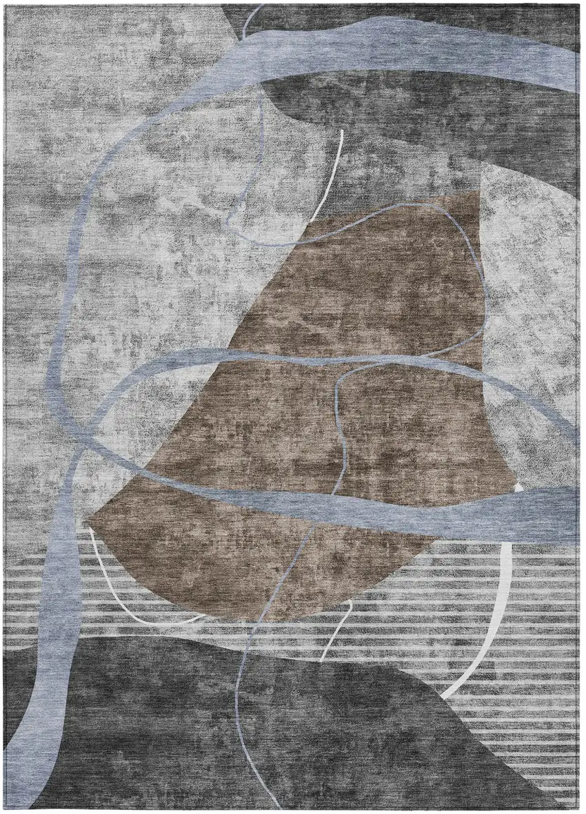 Chocolate Gray And Charcoal Abstract Washable Indoor Outdoor Area Rug Photo 8