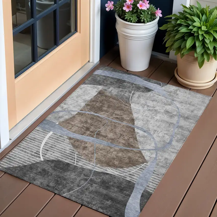 Chocolate Gray And Charcoal Abstract Washable Indoor Outdoor Area Rug Photo 1