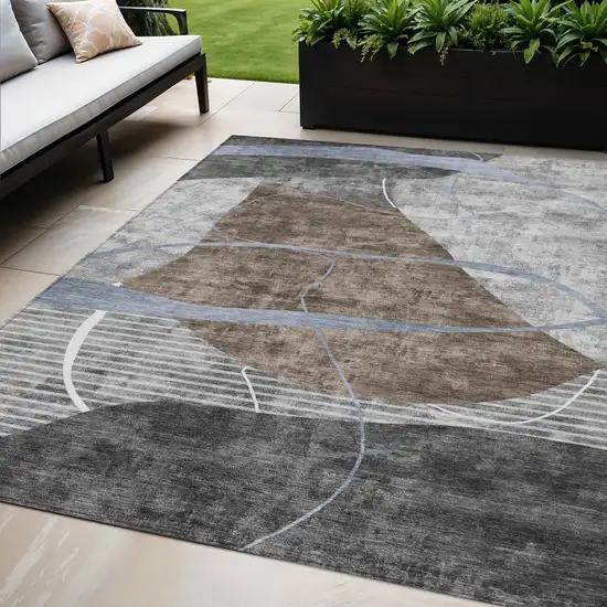 Chocolate Gray And Charcoal Abstract Washable Indoor Outdoor Area Rug Photo 1