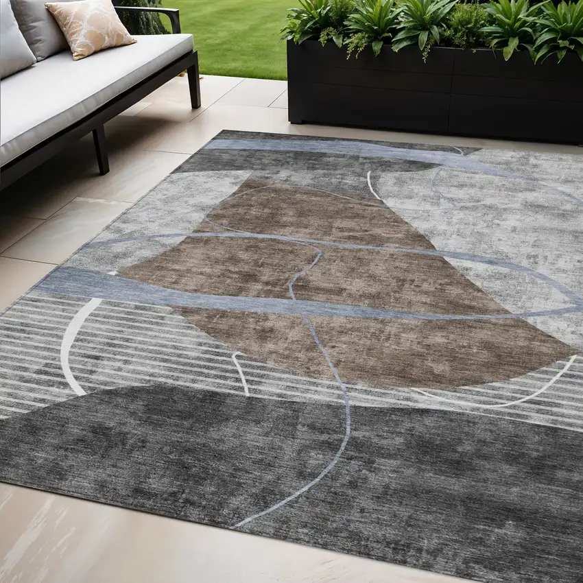 Chocolate Gray And Charcoal Abstract Washable Indoor Outdoor Area Rug Photo 1