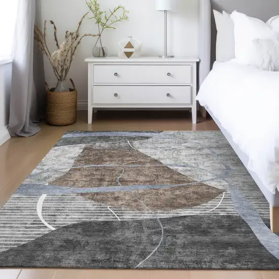 Chocolate Gray And Charcoal Abstract Washable Indoor Outdoor Area Rug Photo 9